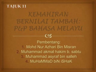 Pembentang:
1. Mohd Nur Azhari Bin Misran
2. Muhammad akmal hakim b. sabtu
3. Muhammad asyraf bin salleh
4. MuHaMMaD biN iSHaK
 