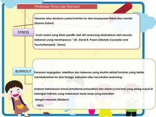 Perbezaan Stress dan Burnout 
Tekanan atau desakan,usaha,tuntutan ke atas keupayaan fizikal atau mental 
(Kamus Oxford) 
“Suatu reaksi yang tidak spesifik oleh diri seseorang disebabkan oleh sesuatu 
bebanan yang menimpanya.” (Dr. David B. Posen (Lifestyle Counselor and 
Psychotherapist) ; Stress) 
Perasaan kegagalan, keletihan dan kelesuan yang ekstrim akibat tuntutan yang terlalu 
membebankan ke atas tenaga, kekuatan atau kecekalan seseorang. 
sindrom ketandusan emosi (emotional exhaustion) dan sinism (cynicism) yang sering wujud di 
kalangan individu yang melakukan keda-kerja yang berkaitan 
dengan manusia (Maslach, 
1981). 
STRESS 
BURNOUT 
 