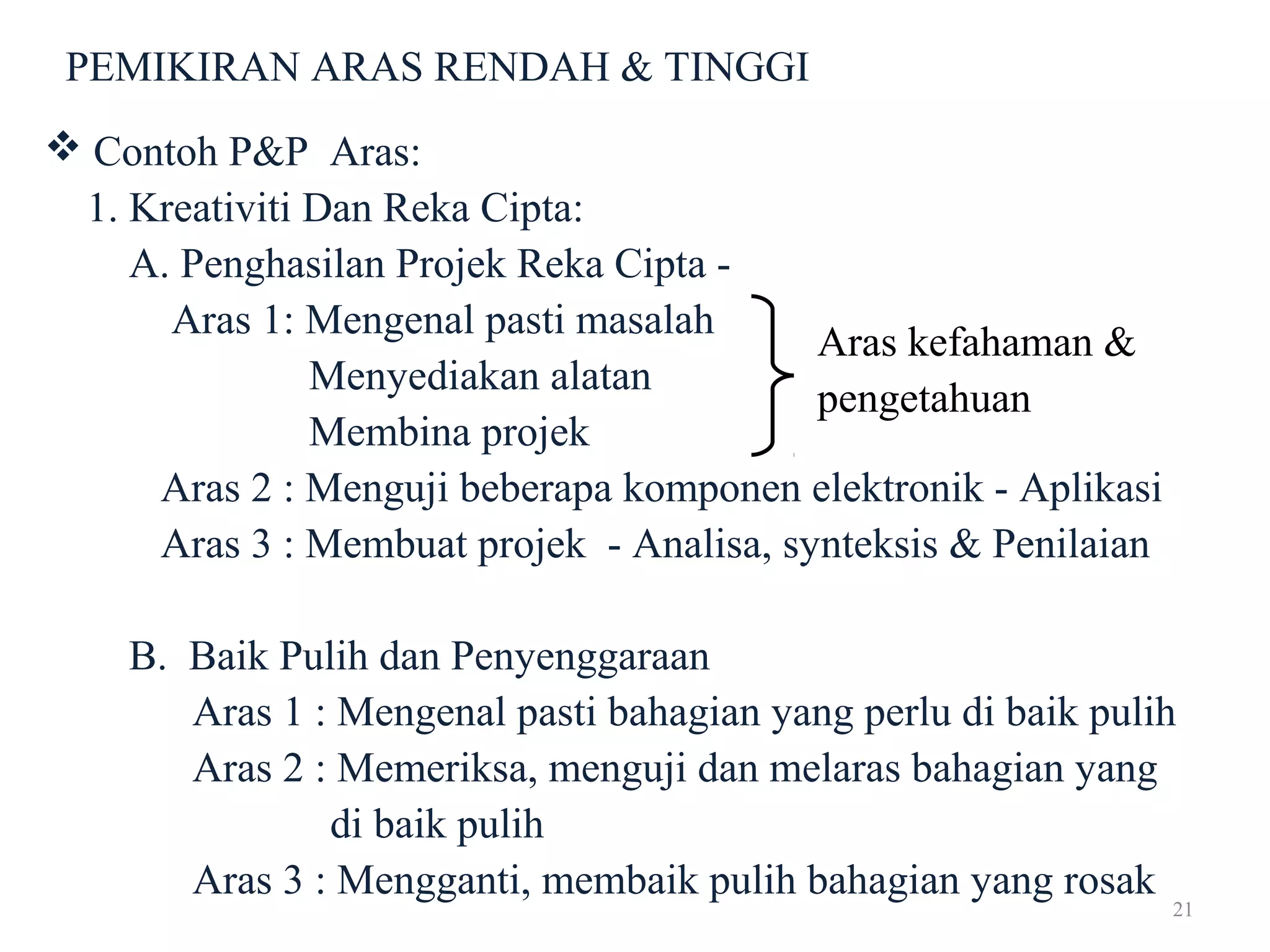 21
PEMIKIRAN ARAS RENDAH & TINGGI
 Contoh P&P Aras:
1. Kreativiti Dan Reka Cipta:
A. Penghasilan Projek Reka Cipta -
Aras 1: Mengenal pasti masalah
Menyediakan alatan
Membina projek
Aras 2 : Menguji beberapa komponen elektronik - Aplikasi
Aras 3 : Membuat projek - Analisa, synteksis & Penilaian
B. Baik Pulih dan Penyenggaraan
Aras 1 : Mengenal pasti bahagian yang perlu di baik pulih
Aras 2 : Memeriksa, menguji dan melaras bahagian yang
di baik pulih
Aras 3 : Mengganti, membaik pulih bahagian yang rosak
Aras kefahaman &
pengetahuan
 