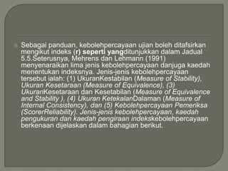    Sebagai panduan, kebolehpercayaan ujian boleh ditafsirkan
    mengikut indeks (r) seperti yangditunjukkan dalam Jadual
    5.5.Seterusnya, Mehrens dan Lehmann (1991)
    menyenaraikan lima jenis kebolehpercayaan danjuga kaedah
    menentukan indeksnya. Jenis-jenis kebolehpercayaan
    tersebut ialah: (1) UkuranKestabilan (Measure of Stability),
    Ukuran Kesetaraan (Measure of Equivalence), (3)
    UkuranKesetaraan dan Kesetabilan (Measure of Equivalence
    and Stability ), (4) Ukuran KetekalanDalaman (Measure of
    Internal Consistency), dan (5) Kebolehpercayaan Pemeriksa
    (ScorerReliability). Jenis-jenis kebolehpercayaan, kaedah
    pengukuran dan kaedah pengiraan indekskebolehpercayaan
    berkenaan dijelaskan dalam bahagian berikut.
 