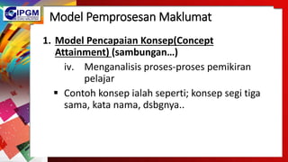 Model Pemprosesan Maklumat
1. Model Pencapaian Konsep(Concept
Attainment) (sambungan…)
iv. Menganalisis proses-proses pemikiran
pelajar
 Contoh konsep ialah seperti; konsep segi tiga
sama, kata nama, dsbgnya..
 