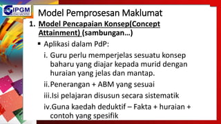 Model Pemprosesan Maklumat
1. Model Pencapaian Konsep(Concept
Attainment) (sambungan…)
 Aplikasi dalam PdP:
i. Guru perlu memperjelas sesuatu konsep
baharu yang diajar kepada murid dengan
huraian yang jelas dan mantap.
ii.Penerangan + ABM yang sesuai
iii.Isi pelajaran disusun secara sistematik
iv.Guna kaedah deduktif – Fakta + huraian +
contoh yang spesifik
 