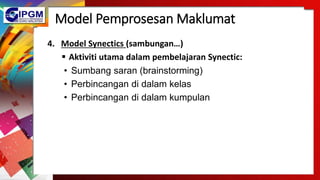 Model Pemprosesan Maklumat
4. Model Synectics (sambungan…)
 Aktiviti utama dalam pembelajaran Synectic:
• Sumbang saran (brainstorming)
• Perbincangan di dalam kelas
• Perbincangan di dalam kumpulan
 