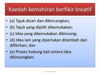 Kaedah kemahiran berfikir kreatif 
• (a) Tajuk dicari dan dibincangkan; 
• (b) Tajuk yang dipilih dikemukakan; 
• (c) Idea yang dikemukakan dibincang; 
• (d) Idea lain yang diperlukan ditambah dan 
difikirkan; dan 
• (e) Proses hubung kait antara idea 
dibincangkan. 
www.zairedin.com 
 