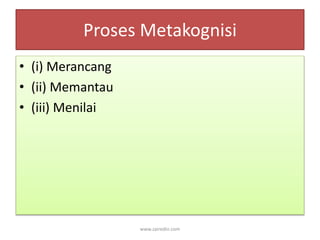 Proses Metakognisi 
• (i) Merancang 
• (ii) Memantau 
• (iii) Menilai 
www.zairedin.com 
 