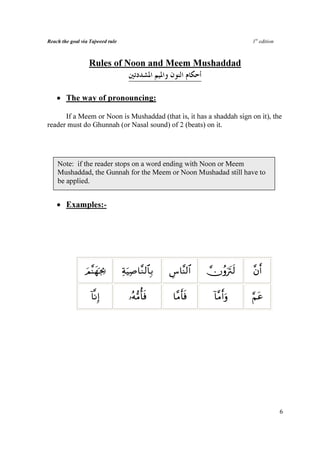 Reach the goal via Tajweed rule                                          1st edition



                  Rules of Noon and Meem Mushaddad


    • The way of pronouncing:

      If a Meem or Noon is Mushaddad (that is, it has a shaddah sign on it), the
reader must do Ghunnah (or Nasal sound) of 2 (beats) on it.




    Note: if the reader stops on a word ending with Noon or Meem
    Mushaddad, the Gunnah for the Meem or Noon Mushadad still have to
    be applied.


    • Examples:-




                ΟΨyγpg¿2
                z ¨               πuŠ¹$¨Ζ9$$Î/
                                  Ï Ï            Ä¨$¨Ψ9$#   žχãρuŽtIs9   ¨βr&

                   !$¯ΡÎ)           …çµ•Βé'sù     $¨Βr'sù     !$¨Βr&uρ   §Νtã




                                                                                       6
 