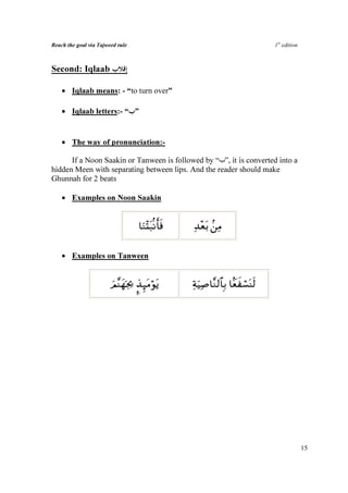Reach the goal via Tajweed rule                                                 1st edition



Second: Iqlaab

    • Iqlaab means: - “to turn over”

    • Iqlaab letters:- “ ”


    • The way of pronunciation:-

      If a Noon Saakin or Tanween is followed by “‫ ,”ب‬it is converted into a
hidden Meen with separating between lips. And the reader should make
Ghunnah for 2 beats

    • Examples on Noon Saakin


                                   $uΖ÷Kt7/Ρr'sù   Ï‰÷èt/ .⎯ÏΒ

    • Examples on Tanween


                        zΟ¨Ψyγpg¿2 ‹Í×tΒöθtƒ
                                   ¥               ÏπuŠÏ¹$¨Ζ9$$Î/ $Jèxó¡oΨs9




                                                                                              15
 
