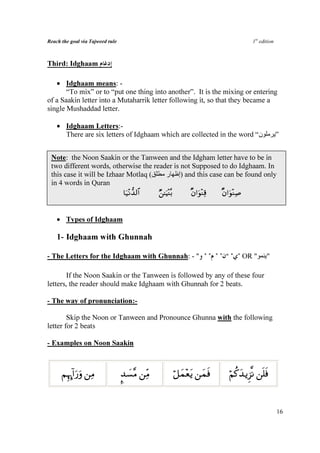 Reach the goal via Tajweed rule                                           1st edition



Third: Idghaam

   • Idghaam means: -
       “To mix” or to “put one thing into another”. It is the mixing or entering
of a Saakin letter into a Mutaharrik letter following it, so that they became a
single Mushaddad letter.

    • Idghaam Letters:-
      There are six letters of Idghaam which are collected in the word “‫ن‬               ”


 Note: the Noon Saakin or the Tanween and the Idgham letter have to be in
 two different words, otherwise the reader is not Supposed to do Idghaam. In
 this case it will be Izhaar Motlaq (      ‫ )إ ر‬and this case can be found only
 in 4 words in Quran
                            $u‹÷Ρ‘‰9$# Ö⎯≈uŠ÷Ψç/  ×β#uθ÷ΖÏ%  ×β#uθ÷ΖÏ¹


    • Types of Idghaam

    1- Idghaam with Ghunnah

- The Letters for the Idghaam with Ghunnah: -      “   OR                

        If the Noon Saakin or the Tanween is followed by any of these four
letters, the reader should make Idghaam with Ghunnah for 2 beats.

- The way of pronunciation:-

        Skip the Noon or Tanween and Pronounce Ghunna with the following
letter for 2 beats

- Examples on Noon Saakin



      ΝÍκ″#u‘ρ ⎯ÏΒ
         É! u                     ¤‰|¡¨Β ⎯ÏiΒ   ≅yϑ÷ètƒ ⎯yϑsù
                                                ö               öΝä.y‰ƒÌ“¯Ρ ⎯n=sù


                                                                                        16
 
