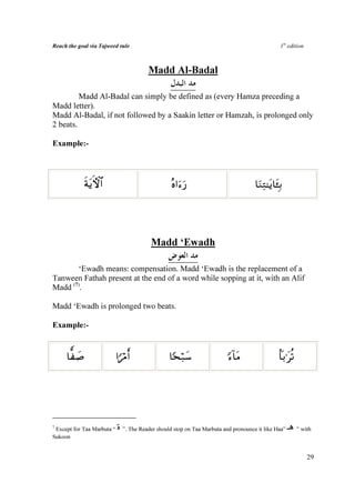 Reach the goal via Tajweed rule                                                                 1st edition



                                        Madd Al-Badal

         Madd Al-Badal can simply be defined as (every Hamza preceding a
Madd letter).
Madd Al-Badal, if not followed by a Saakin letter or Hamzah, is prolonged only
2 beats.

Example:-




            sπtƒFψ$#                              çν#u™u‘                           $uΖÏG≈tƒ$t↔Î/




                                         Madd ‘Ewadh

       ‘Ewadh means: compensation. Madd ‘Ewadh is the replacement of a
Tanween Fathah present at the end of a word while sopping at it, with an Alif
Madd (7).

Madd ‘Ewadh is prolonged two beats.

Example:-


     $y|¹                  #Xö∆r              $[sö7y™                 [™!$tΒ                $R/≡tè?




7
 Except for Taa Marbuta “   ‫ .” ة‬The Reader should stop on Taa Marbuta and pronounce it like Haa” ‫ ” هـ‬with
Sukoon


                                                                                                              29
 