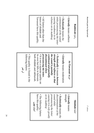 Reach the goal via Tajweed rule                                                  1st edition
          Rakhwah                                                           Shiddah
• Literally means softness              At-Tawassut                   • Literally means
                                                                      strength
• Technically means the           • Literally means moderation
continuation of the sound                                             • Technically means the
while pronouncing the letter      • Technically it means between      discontinuation of the
causing weakness in its           strength and softness so that       sound while
reliance on its makhraj.          the sound is partially              pronouncing the letter
                                  continued and partially             causing it to rely greatly
                                  discontinued when                   on its makhraj
• All letters other than the      pronouncing the letter.
letters of shiddah and            • It is not a separate quality on   • The following letters
Tawassut have this quality.       its own but falls in between        have this quality:
                                  both shiddah and rakhawah.
                                  • This quality is found in the
                                  following letters:
                                                                                               39
 