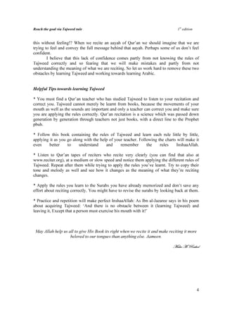 Reach the goal via Tajweed rule                                                   1st edition


this without feeling!? When we recite an aayah of Qur’an we should imagine that we are
trying to feel and convey the full message behind that aayah. Perhaps some of us don’t feel
confident.
        I believe that this lack of confidence comes partly from not knowing the rules of
Tajweed correctly and so fearing that we will make mistakes and partly from not
understanding the meaning of what we are reciting. So let us work hard to remove these two
obstacles by learning Tajweed and working towards learning Arabic.


Helpful Tips towards learning Tajweed

* You must find a Qur’an teacher who has studied Tajweed to listen to your recitation and
correct you. Tajweed cannot merely be learnt from books, because the movements of your
mouth as well as the sounds are important and only a teacher can correct you and make sure
you are applying the rules correctly. Qur’an recitation is a science which was passed down
generation by generation through teachers not just books, with a direct line to the Prophet
pbuh.

* Follow this book containing the rules of Tajweed and learn each rule little by little,
applying it as you go along with the help of your teacher. Following the charts will make it
even     better    to    understand     and     remember       the    rules    InshaaAllah.

* Listen to Qur’an tapes of reciters who recite very clearly (you can find that also at
www.reciter.org), at a medium or slow speed and notice them applying the different rules of
Tajweed. Repeat after them while trying to apply the rules you’ve learnt. Try to copy their
tone and melody as well and see how it changes as the meaning of what they’re reciting
changes.

* Apply the rules you learn to the Surahs you have already memorized and don’t save any
effort about reciting correctly. You might have to revise the surahs by looking back at them.

* Practice and repetition will make perfect InshaaAllah: As Ibn al-Jazaree says in his poem
about acquiring Tajweed: ‘And there is no obstacle between it (learning Tajweed) and
leaving it, Except that a person must exercise his mouth with it!’



 May Allah help us all to give His Book its right when we recite it and make reciting it more
                    beloved to our tongues than anything else. Aameen.

                                                                               `t{t `A etá{xw




                                                                                                4
 