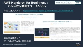 © 2021, Amazon Web Services, Inc. or its Affiliates.
© 2021, Amazon Web Services, Inc. or its Affiliates. All rights reserved.
AWS Hands-on for Beginners :
ハンズオン動画チュートリアル
非常にオススメ！
基本的な構成から
サーバレスやAI等、随時追加
AWS ハンズオン 検索
https://aws.amazon.com/jp/aws-jp-introduction/aws-jp-webinar-hands-on/
 