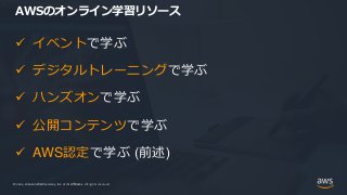 © 2021, Amazon Web Services, Inc. or its Affiliates.
© 2021, Amazon Web Services, Inc. or its Affiliates. All rights reserved.
AWSのオンライン学習リソース
 イベントで学ぶ
 デジタルトレーニングで学ぶ
 ハンズオンで学ぶ
 公開コンテンツで学ぶ
 AWS認定で学ぶ (前述)
 