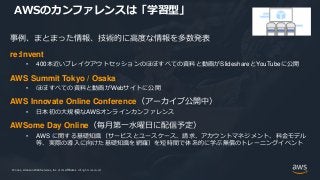© 2021, Amazon Web Services, Inc. or its Affiliates.
© 2021, Amazon Web Services, Inc. or its Affiliates. All rights reserved.
AWSのカンファレンスは「学習型」
事例、まとまった情報、技術的に高度な情報を多数発表
re:Invent
• 400本近いブレイクアウトセッションのほぼすべての資料と動画がSlideshareとYouTubeに公開
AWS Summit Tokyo / Osaka
• ほぼすべての資料と動画がWebサイトに公開
AWS Innovate Online Conference（アーカイブ公開中）
• 日本初の大規模なAWSオンラインカンファレンス
AWSome Day Online（毎月第一水曜日に配信予定）
• AWS に関する基礎知識（サービスとユースケース、請求、アカウントマネジメント、料金モデル
等、実際の導入に向けた基礎知識を網羅）を短時間で体系的に学ぶ無償のトレーニングイベント
 