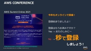 © 2021, Amazon Web Services, Inc. or its Affiliates.
© 2021, Amazon Web Services, Inc. or its Affiliates. All rights reserved.
AWS CONFERENCE
AWS Summit Online 2021
https://aws.amazon.com/jp/events/summits/online/japan/
今年もオンラインで開催！
登録始まりましたよ！
登録はもうお済みですか？
Yes → おたのしみに～
No → 秒で登録
しましょう！
 