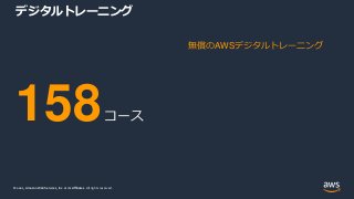 © 2021, Amazon Web Services, Inc. or its Affiliates.
© 2021, Amazon Web Services, Inc. or its Affiliates. All rights reserved.
デジタルトレーニング
158コース
無償のAWSデジタルトレーニング
 