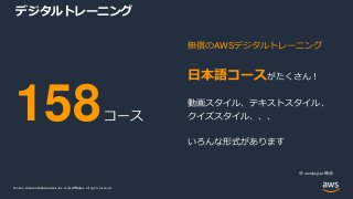 © 2021, Amazon Web Services, Inc. or its Affiliates.
© 2021, Amazon Web Services, Inc. or its Affiliates. All rights reserved.
デジタルトレーニング
158コース
無償のAWSデジタルトレーニング
日本語コースがたくさん！
動画スタイル、テキストスタイル、
クイズスタイル、、、
いろんな形式があります
※ 2021/03/20 時点
 