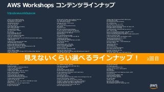 © 2021, Amazon Web Services, Inc. or its Affiliates.
© 2021, Amazon Web Services, Inc. or its Affiliates. All rights reserved.
AWS Workshops コンテンツラインナップ
AWS IoT Core for LoRaWAN workshop
Personalization on AWS Immersion Day
Data Engineering Immersion Day
AWS Alien Attack Workshop
CI/CD for ECS Workshop
AWS Storage Workshop
Amazon Kinesis Video Streams Workshop
Async-messaging Workshop
One Observability Workshop
AWS Lake Formation Workshop
EMR Workshop
Real Time Streaming with Kinesis
Implementing DDoS Resiliency
AWS IoT Device Management Workshop
Introduction to Analytics on AWS
AWS CI/CD pipeline with CodeGuru and UnitTest to improve code quality workshop
Rekognition Immersion Day
CUDOS Workshop
Operationalizing the Machine Learning Pipeline
AWS Database Migration Workshop
Application Modernization Immersion Day
Serverless Data Lake Framework Workshop
Activate: From your idea to your well-architected product on AWS
Running GROMACS on AWS ParallelCluster
DevSecOps on AWS
AWS IoT SiteWise workshop
AWS End-of-Support Migration Program (EMP) for Windows Server Workshop
Appsync Immersion Day
AWS Purpose Built Databases Workshop
Amazon DocumentDB (with MongoDB compatibility) workshop
AWS Media Services (Japanese)
Filestreaming on AWS
IoT Analytics Workshop
Amazon Aurora PostgreSQL Immersion Day
Amazon RDS Monitoring Workshop for PostgreSQL
SAP SDT Bootcamp
General Immersion Day (Korean)
Web Analytics with Amplify
Gametech_workshop
Activate Next: Scaling cost effective architectures
Containers on AWS ParallelCluster
Advanced CDK Workshop
Analytics on AWS - Build BI System from Scratch
Amazon QLDB Immersion Day Workshops
SQL Server Immersion Day
AWS IoT Greengrass V1 for beginners
Volume Gateway Performance Workshop
AWS IoT Device Defender workshop (Japanese)
CodeGuru-CodeReview-AppPerformance
DemoGo ECS Cats and Dogs
CICD Pipeline for Java Apps using CodeGuru, CodeArtifact and Corretto
AWS IoT EduKit
Building an end-to-end Serverless Analytics Platform
Streaming Analytics Workshop
Bring Your Own Data Labs
Self Service KYC Workshop using Amplify and AI Services
CI/CD using Terraform and AWS CodePipeline
Mlops Safe Deployment Pipeline
Building a cross-account CI/CD pipeline
IoT ESP32 Workshop
Highly Available Web Application Workshop
EC2 Workshop
Introduction to WAF
AWS Track-and-trace Blockchain Workshop
Third-party-integration-CodePipeline-EKS-BlueGreen
Amazon Keyspaces Workshop (for Apache Cassandra)
Amazon Lookout for Vision Workshop
Redshift Deep Dive
AWS Application Migration Workshop
Manage your EKS cluster in Full-stack with AWS CDK
Greengrass 1.x bootcamp
Accelerated Data Lake Workshop
Running GROMACS on AWS ParallelCluster with SARUS
AWS Networking Workshop
MLOps workshop
Firewall Manager service - WAF policy
AWS IoT Core for Beginners (Japanese)
Content Generation Lambda@Edge
Migration Immersion Day
AWS IoT Events basic workshop (Japanese)
EMR_And_Code_Suite_Workshop
Data Migration and Backup & Recovery using AWS DataSync and Amazon S3
CI/CD for Mobile Apps on AWS
Serverless Data Lake Immersion Day
Content Acceleration with Amazon CloudFront
Data lake for Astronomy FITS Data
S3 Game
Redshift_immersion_labs
SAP on AWS Immersion Day workshops
Sagemaker Immersion Day
Build CI/CD pipeline to deploy on ECS Fargate using CDK
Amazon MSK Labs
AWS DeepRacer Workshop (Japanese)
Data Discovery and Classification with Amazon Macie
Elastic Beanstalk Webapp
Learn to Code
SAP HANA On AWS advanced workshop
Amazon RDS for Oracle Immersion Day
Running Fire Dynamics CFD Simulation on AWS ParallelCluster
Neuropointillist on AWS Tutorial
Containerized NICE DCV
Amazon Pinpoint Workshop
Continuous Deployment on AWS: Make releasing the most boring part of your job
Amazon RDS for PostgreSQL - Workshop
Protecting workloads on AWS from the instance to the edge
AWS Identity: Using Amazon Cognito for serverless consumer apps
Integration, Prioritization, and Response with AWS Security Hub
Scaling Elastic Beanstalk using custom CloudWatch metrics
Live Streaming with Amazon Interactive Video Service
Build a 360 degree customer view
Managing AWS IoT Greengrass with AWS SDK for Python
AWS Glue Hands-On Labs
Serverless Analytics for Games Workshop
ECS - gMSA Workshop
Kendra Essentials+: from zero to POC
Deploy and Host Hugo Content on AWS
Building your first DevOps Blue/Green pipeline with Amazon ECS
AmazonMQ Workshop For ActiveMQ
FreeRTOS workshop on Infineon XCM4800 connectivity kit
Spack Tutorial Workshop
Build a Vulnerability Management Program Using AWS for AWS
DevSecOps - Integrating security into your pipeline
Using ML with Amazon SageMaker & GuardDuty to identify anomalous traffic
Infrastructure Identity on AWS
Finding and addressing Network Misconfigurations on AWS
Scaling threat detection and response on AWS
.NET Application Modernization
Amazon RDS for SQL Server Workshop
Amazon Quicksight Workshop - COVID-19 data analysis
AWS CI/CD workshop
Amazon Athena Workshop
.NET Developer Dojo
AWS Inferentia Overview
SSM Inventory visualization (Japanese)
Event_Driven_Systems_With_CDK
Amazon ECS Introduction Workshop
Redshift Analytics Workshop
VPC Flowlogs Analysis using Amazon Elasticsearch Service
Amazon EKS Introduction Workshop
AWS Global Accelerator Workshop
Nextflow on AWS Batch
Windows Server Migration Workshop using CloudEndure
CICD-Pipeline-Cfn-ECS-Fargate-BlueGreen
Enterprise Cloud Native workshop
ECS_Fargate_Workshop
Third party integration with CodeBuild and CodeDeploy plugins
Serverless Observability Workshop
Terraform EKS Workshop
AWS CloudFormation 101
Amazon DynamoDB Workshop & Labs
Integrating security into your container pipeline
Data Protection
Access Delegation
Permissions boundaries: how to delegate permissions on AWS
Serverless Identity
Migrating Microsoft Workloads to AWS
Amazon VPC Endpoint Workshop
Media Analysis Evolved Workshop
EC2 Spot Workshops
Migrate Webapps
Amazon EC2 INF1 workshop
Near-zero-downtime migrations to AWS
Understanding the basics of IPv6 networking on AWS
見えないくらい選べるラインナップ！ 2回目
https://www.workshops.aws
 