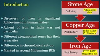 Introduction
u Discovery of Iron is significant
Achievement in human history
u Advent of iron in India was not
particular
u Different geographical zones has their
area/sites
u Difference in chronological set-up
u Marked in second Millennium BCE
Iron Age
Protohistory
PGW, BRW,
Megalithic etc.
Copper Age
Protohistory
Indus Valley
Civilisations
Stone Age
Prehistory
Palaeolithic
sites
 