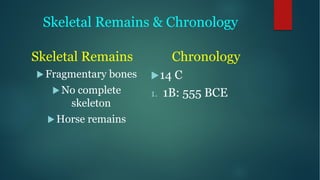 Skeletal Remains & Chronology
Skeletal Remains
u Fragmentary bones
u No complete
skeleton
u Horse remains
Chronology
u14 C
1. 1B: 555 BCE
 
