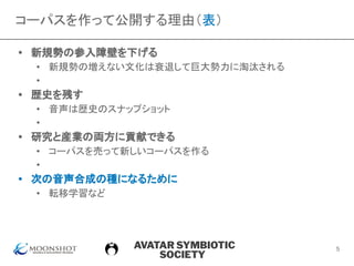 AVATAR SYMBIOTIC
SOCIETY
コーパスを作って公開する理由（表）
• 新規勢の参入障壁を下げる
• 新規勢の増えない文化は衰退して巨大勢力に淘汰される
• 　
• 歴史を残す
• 音声は歴史のスナップショット
• 　　
• 研究と産業の両方に貢献できる
• コーパスを売って新しいコーパスを作る
• 　
• 次の音声合成の種になるために
• 転移学習など
5
 