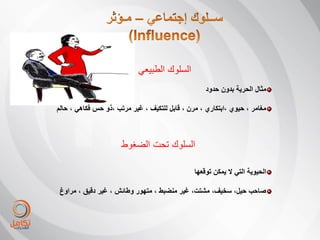 ‫السلوك الطبٌعً‬
                                                   ‫مثال الحرٌة بدون حدود‬

‫مغامر ، حٌوي ،ابتكاري ، مرن ، قابل للتكٌف ، غٌر مرتب ،ذو حس فكاهً ، حالم‬



                      ‫السلوك تحت الضغوط‬

                                               ‫الحٌوٌة التً ال ٌمكن توقعها‬

 ‫صاحب حٌل، سخٌف، مشتت، غٌر منضبط ، متهور وطائش ، غٌر دقٌق ، مراوغ‬
 