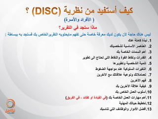 ‫ماذا ستجد فً التقرٌر؟‬
‫لٌس هناك حاجة ألن ٌكون لدٌك معرفة خاصة حتى تفهم ماٌحتوٌه التقرٌرالخاص بك فستجد به ببساطة :‬
                                                                                      ‫1. نبذة كاملة عنك‬
                                                                        ‫2. العناصر األساسٌة لشخصٌتك‬
                                                                             ‫3. أهم السمات الخاصة بك‬
                                                 ‫4. القدرات ونقاط القوة والنقاط التً تحتاج الى تطوٌر‬
                                                                          ‫5. تنمٌة الشخصٌة وتطوٌرها‬
                                                            ‫6. التغٌرات السلوكٌة عند مواجهة الضغوط‬
                                                             ‫7. تعمامبلتك ونوعٌة عبلقاتك مع اآلخرٌن‬
                                                                                        ‫8. فهم اآلخرٌن‬
                                                                            ‫9. كٌفٌة عبلقة اآلخرٌن بك‬
                                                                            ‫01.أسلوب العمل الخاص بك‬
                                     ‫11.أهم مهارات العمل الخاصة بك (فً القٌادة او كقائد ، فً الفرٌق)‬
                                                                               ‫21.تخطٌط حٌاتك المهنٌة‬
                                                                ‫31.أفضل األدوار والوظائف التً تناسبك‬
 
