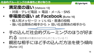 社会的グルーミングの多様性と受け取り⽅
• 満⾜度の違い [Vlahovic 13]
・対⾯・テレビ電話 > 電話・メール・SNS
• 幸福度の違い at Facebook [Burke 16]
・個⼈宛メッセージ > いいね・普通の投稿
・強い社会関係の相⼿から > 弱い社会関係の相⼿から
• ⼿の込んだ社会的グルーミングのほうが好ま
れる（履歴書は⼿書きのほうが⼼がこもっている？）
• 親密な相⼿にほど⼿の込んだ⽅法を使う傾向
[Burke 14]
18
 