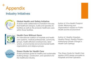 +
    Appendix
    Industry Initiatives

             Global Health and Safety Initiative
             A sector-wide collaboration to transform the way     Author of: Eco-Health Footprint
             that healthcare designs, builds and operates its     Guide: Measuring your
             facilities as well as the products healthcare uses   Organization's Impact on Public
             within those facilities.                             Health and the Environment


             Health Care Without Harm
             An international coalition of hospitals and health   Author of: Healthy Hospitals,
             care systems, medical professionals, community       Healthy Planet, Healthy People -
             groups, health-affected constituencies, labor        Addressing Climate Change in
             unions, environmental and environmental health       Health Care Settings
             organizations and religious groups.


             Green Guide for Health Care
             A best practices guide for healthy and sustainable   The Green Guide for Health Care
             building design, construction, and operations for    applies LEED design principles to
             the healthcare industry.                             Hospitals and their operation.
 