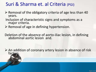 Suri & Sharma et. al Criteria (PGI)
 Removal of the obligatory criteria of age less than 40
years.
Inclusion of characteristic signs and symptoms as a
major criteria.
 Removal of age in defining hypertension.
Deletion of the absence of aorto-iliac lesion, in defining
abdominal aortic lesion and.
 An addition of coronary artery lesion in absence of risk
factors.
 