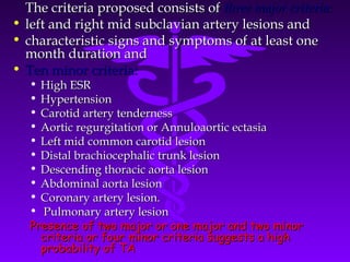The criteria proposed consists of three major criteria:
• left and right mid subclavian artery lesions and
• characteristic signs and symptoms of at least one
  month duration and
• Ten minor criteria:
   • High ESR
   • Hypertension
   • Carotid artery tenderness
   • Aortic regurgitation or Annuloaortic ectasia
   • Left mid common carotid lesion
   • Distal brachiocephalic trunk lesion
   • Descending thoracic aorta lesion
   • Abdominal aorta lesion
   • Coronary artery lesion.
   • Pulmonary artery lesion
   Presence of two major or one major and two minor
     criteria or four minor criteria suggests a high
     probability of TA
 