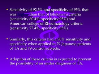• Sensitivity of 92.5% and specificity of 95% that
  was higher than that of Ishikawa's criteria
  (sensitivity 60.4%, specificity 95%) and
  American college of Rheumatology criteria
  (sensitivity 77.4%, specificity 95%).

• Similarly, this criteria had a 96% sensitivity and
  specificity when applied to 79 Japanese patients
  of TA and 79 control subjects.

• Adoption of these criteria is expected to prevent
  the possibility of an under diagnosis of TA.
 