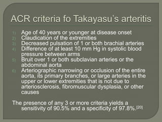 1) Age of 40 years or younger at disease onset 
2) Claudication of the extremities 
3) Decreased pulsation of 1 or both brachial arteries 
4) Difference of at least 10 mm Hg in systolic blood 
pressure between arms 
5) Bruit over 1 or both subclavian arteries or the 
abdominal aorta 
6) Arteriographic narrowing or occlusion of the entire 
aorta, its primary branches, or large arteries in the 
upper or lower extremities that is not due to 
arteriosclerosis, fibromuscular dysplasia, or other 
causes 
The presence of any 3 or more criteria yields a 
sensitivity of 90.5% and a specificity of 97.8%.[20] 
 
