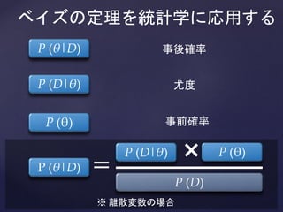 ※ 離散変数の場合
ベイズの定理を統計学に応用する
P (θ|D)
P (θ)P (D|θ)
= P (D)
×
事後確率
尤度
事前確率
P (θ|D)
P (θ)
P (D|θ)
 