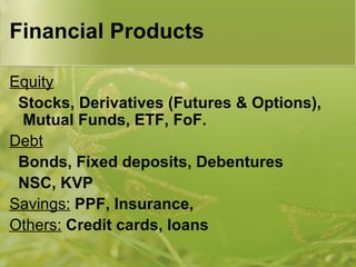 Financial Products Equity Stocks, Derivatives (Futures & Options), Mutual Funds, ETF, FoF. Debt Bonds, Fixed deposits, Debentures NSC, KVP Savings:  PPF, Insurance, Others:  Credit cards, loans 