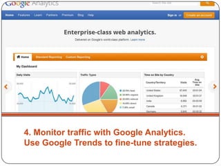 4. Monitor traffic with Google Analytics.
Use Google Trends to fine-tune strategies.
