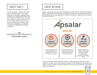 Copyright © 2015 All rights reserved worldwide. | www.apsalar.com 5
ABOUT TAKE 5
The Take 5 series is designed to help
senior marketers learn more about
data-driven customer marketing by
creating short educational pieces that
can be read and absorbed in less than
five minutes. The main content of each
Take 5 is 600 words or less to stay
focused and brief. The Take 5 series
will also be available as a collection
– a primer on data driven customer
marketing.
Visit
www.Apsalar.com/Resources
for more Take 5 content!
ABOUT APSALAR
Apsalar, the leader in mobile data management, helps direct marketing brands get
better marketing effectiveness by providing a mobile data management platform
that delivers a true understanding of customer behavior in apps and across other
marketing channels.
The Apsalar Mobile DMP enables brands to measure marketing effectiveness,
enhance, manage, enrich and segment profiles to build audiences, and easily and
safely connect to other marketing partners so brands can confidently share their
data and audiences.
APSALAR
ATTRIBUTION
APSALAR
AUDIENCES
APSALAR
DATASYNC
MOBILE DMP
Collect and measure in-app
consumer behavior and
marketing performance.
Measure every in-app action
relevent to your buinesss
Unite your first party data
from all sources, enrich it
with third party data, and
build high performance
marketing audiences
Easily and safely share
customer audiences and
data with your digital
marketing platforms,
including analytics,
marketing automation,
media companies and legacy
DMPs
 