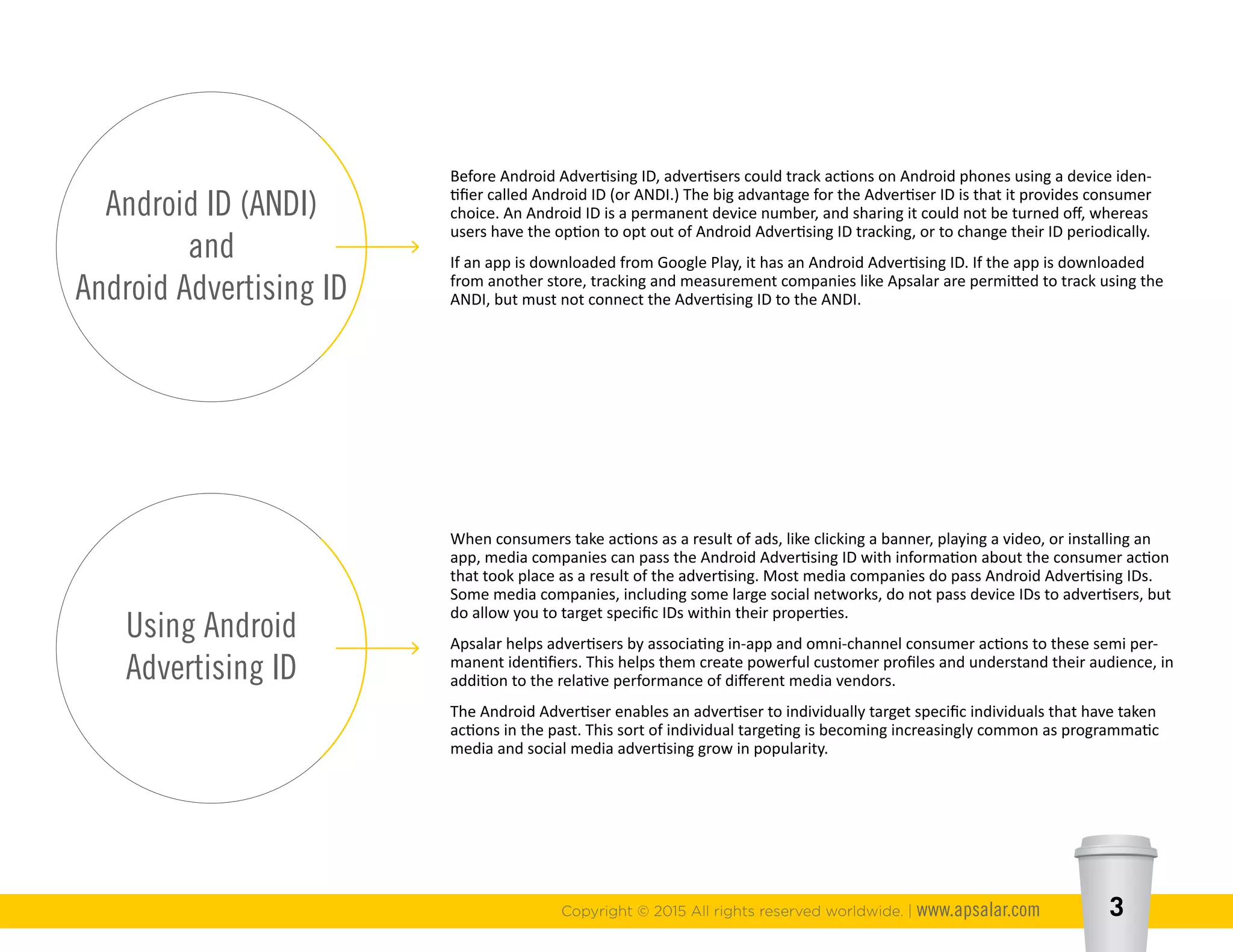 Copyright © 2015 All rights reserved worldwide. | www.apsalar.com 3
Android ID (ANDI)
and
Android Advertising ID
Using Android
Advertising ID
Before Android Advertising ID, advertisers could track actions on Android phones using a device iden-
tifier called Android ID (or ANDI.) The big advantage for the Advertiser ID is that it provides consumer
choice. An Android ID is a permanent device number, and sharing it could not be turned off, whereas
users have the option to opt out of Android Advertising ID tracking, or to change their ID periodically.
If an app is downloaded from Google Play, it has an Android Advertising ID. If the app is downloaded
from another store, tracking and measurement companies like Apsalar are permitted to track using the
ANDI, but must not connect the Advertising ID to the ANDI.
When consumers take actions as a result of ads, like clicking a banner, playing a video, or installing an
app, media companies can pass the Android Advertising ID with information about the consumer action
that took place as a result of the advertising. Most media companies do pass Android Advertising IDs.
Some media companies, including some large social networks, do not pass device IDs to advertisers, but
do allow you to target specific IDs within their properties.
Apsalar helps advertisers by associating in-app and omni-channel consumer actions to these semi per-
manent identifiers. This helps them create powerful customer profiles and understand their audience, in
addition to the relative performance of different media vendors.
The Android Advertiser enables an advertiser to individually target specific individuals that have taken
actions in the past. This sort of individual targeting is becoming increasingly common as programmatic
media and social media advertising grow in popularity.
 