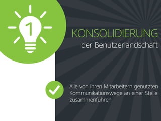 der Benutzerlandschaft
KONSOLIDIERUNG
Alle von Ihren Mitarbeitern genutzten
Kommunikationswege an einer Stelle
zusammenführen
1
 