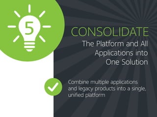 The Platform and All
Applications into
One Solution
CONSOLIDATE
Combine multiple applications
and legacy products into a single,
unified platform
5
 