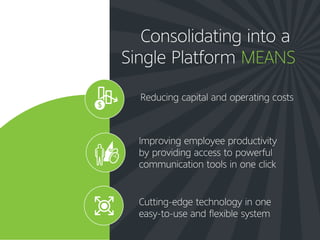 Consolidating into a
Single Platform MEANS
Reducing capital and operating costs
Improving employee productivity
by providing access to powerful
communication tools in one click
Cutting-edge technology in one
easy-to-use and flexible system
 