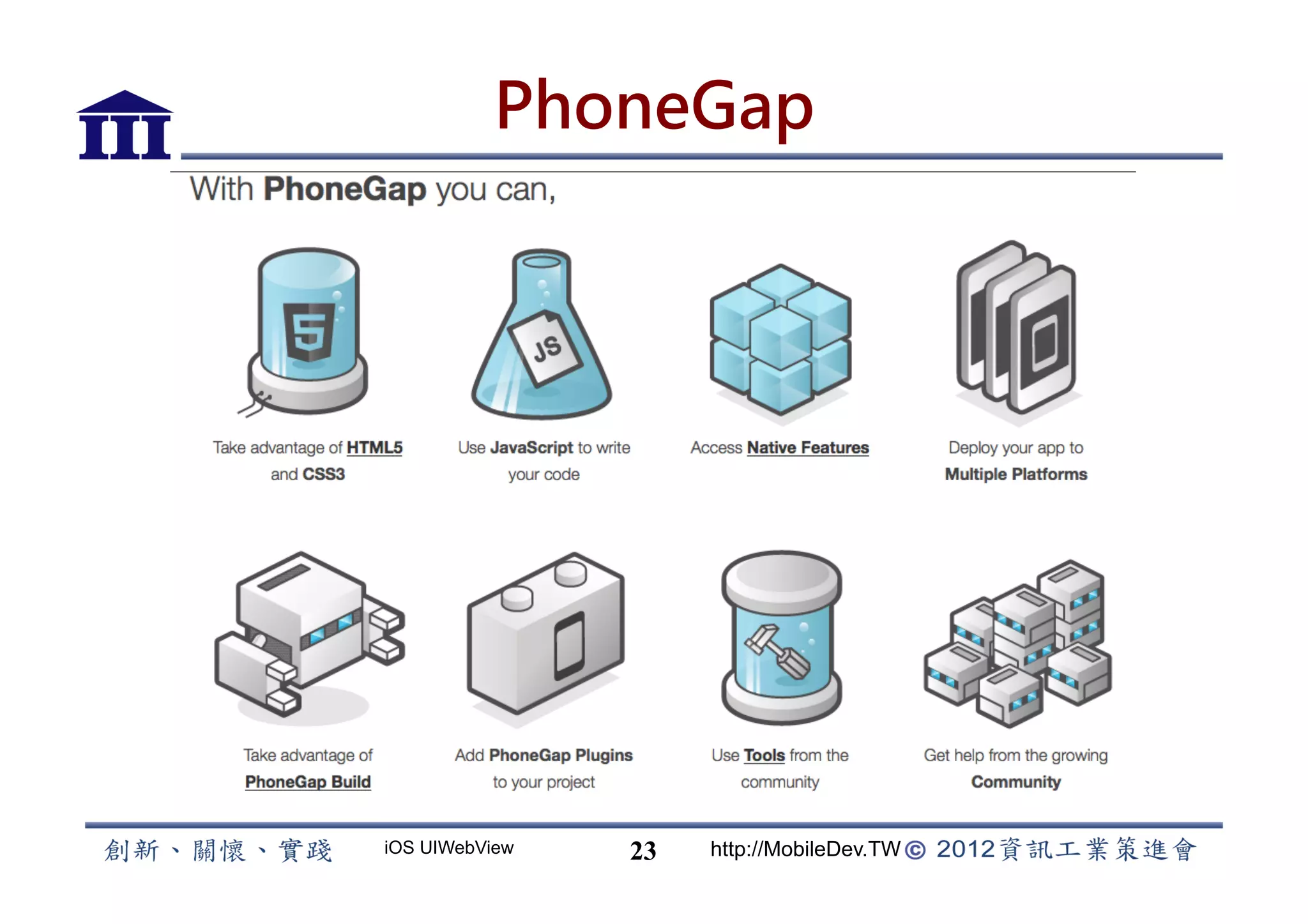 PhoneGap




iOS UIWebView   23   http://MobileDev.TW
 