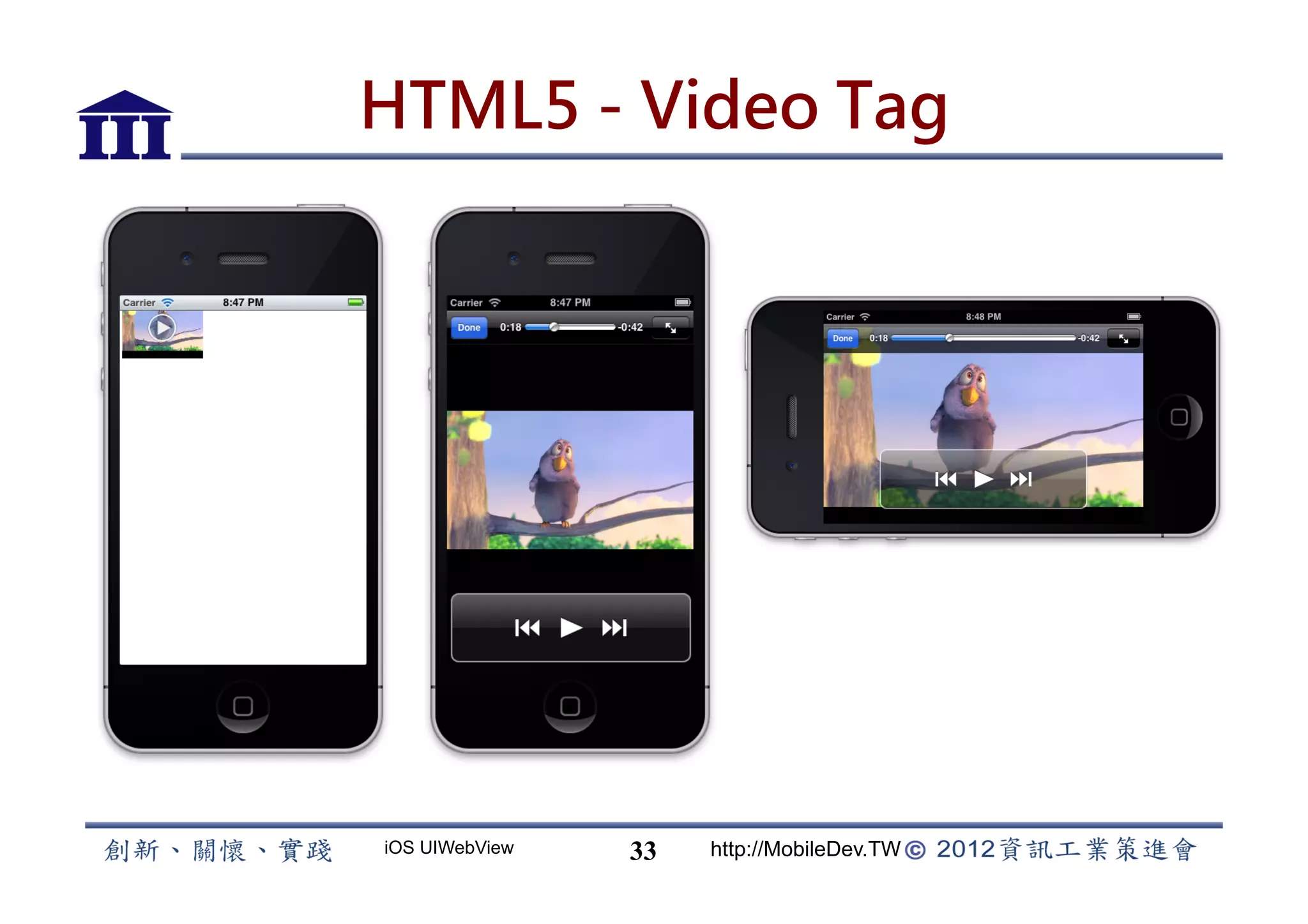 HTML5 - Video Tag




iOS UIWebView   33   http://MobileDev.TW
 