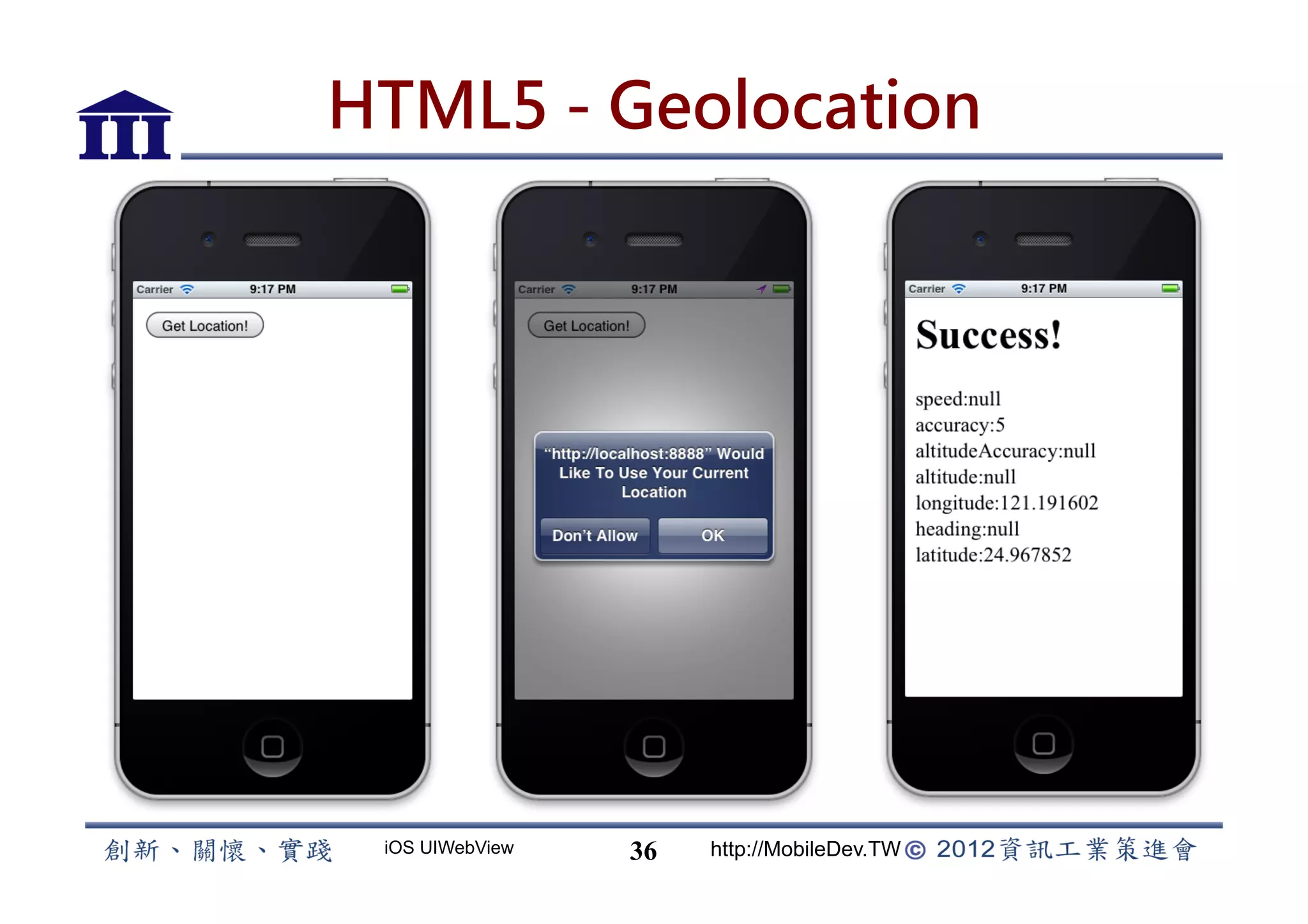 HTML5 - Geolocation




 iOS UIWebView   36   http://MobileDev.TW
 