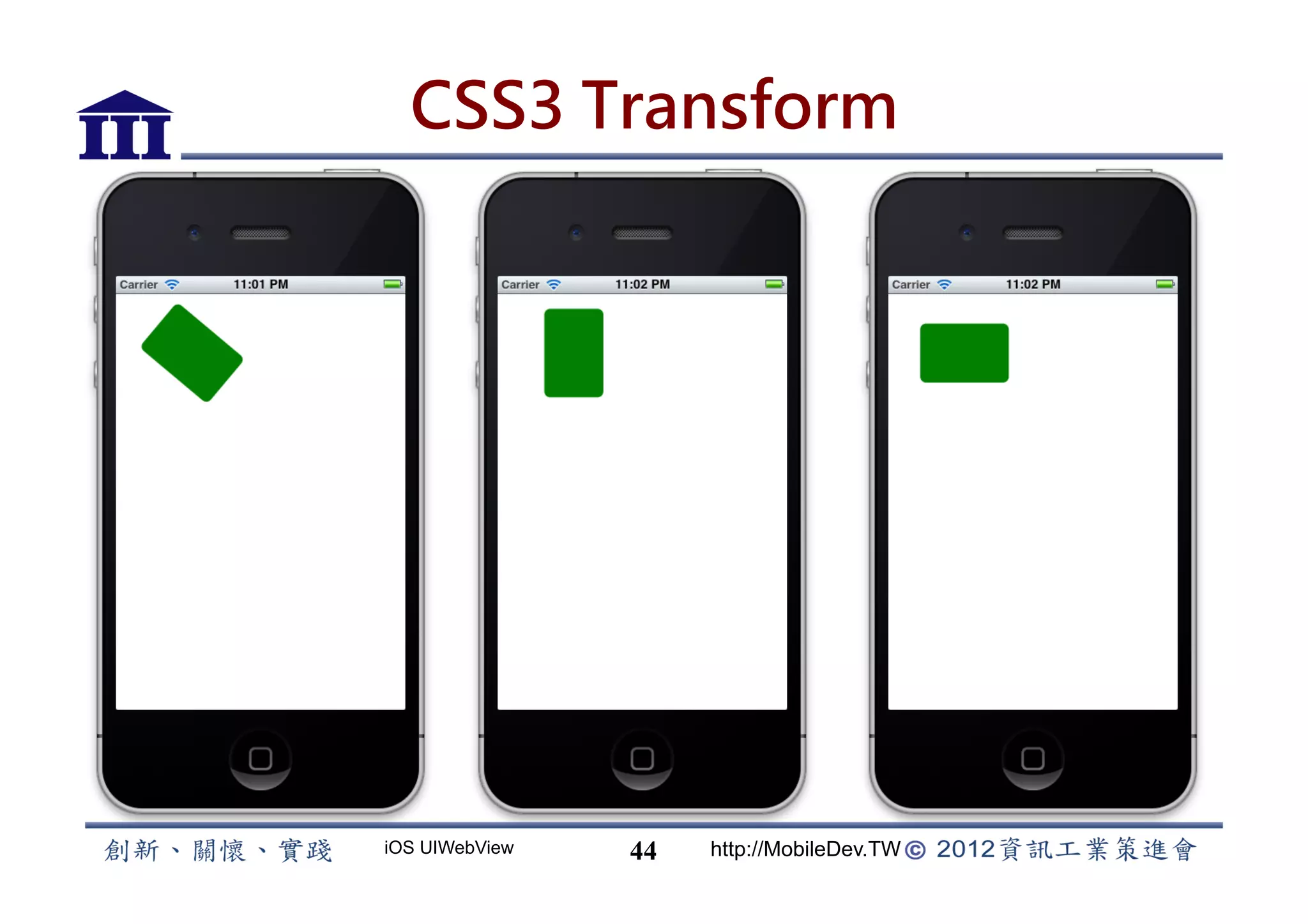 CSS3 Transform




iOS UIWebView   44   http://MobileDev.TW
 