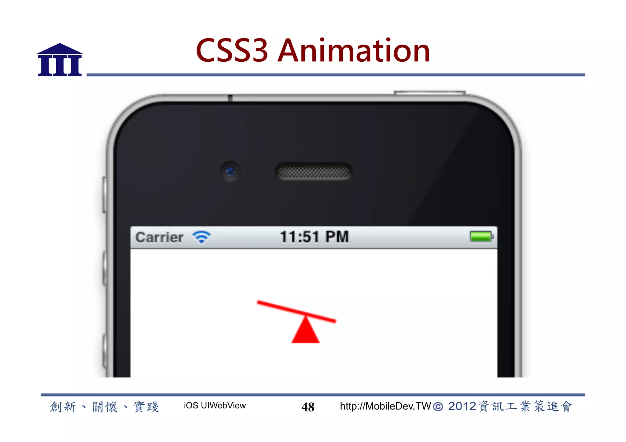 CSS3 Animation




iOS UIWebView   48   http://MobileDev.TW
 
