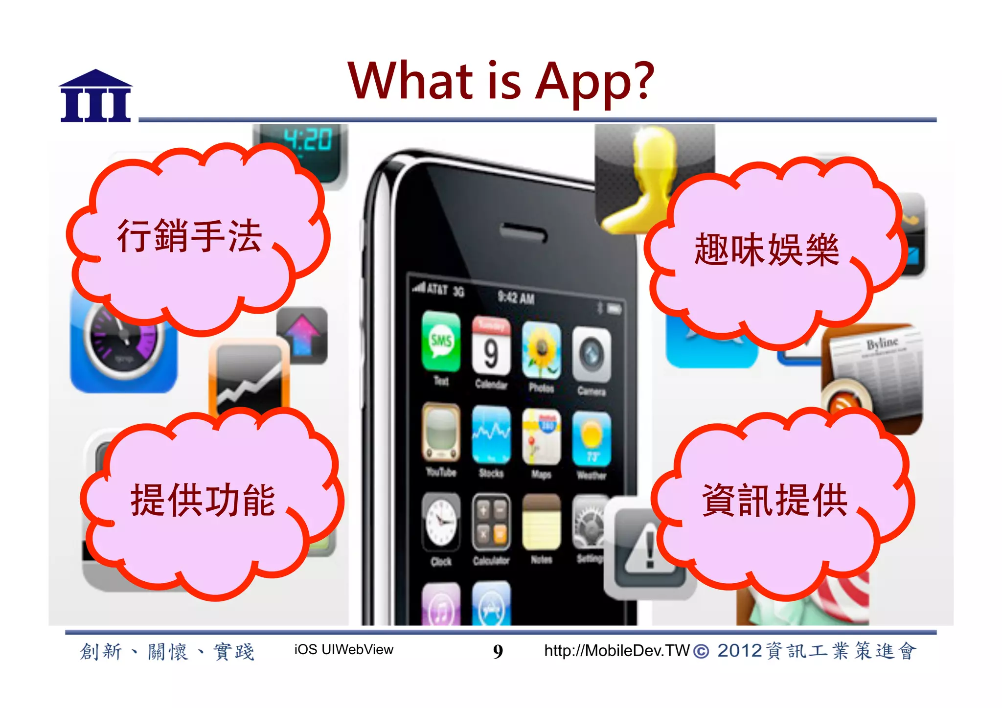 What is App?


行銷手法                                             趣味娛樂




提供功能                                             資訊提供


       iOS UIWebView   9   http://MobileDev.TW
 