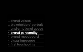 personality traits
& visual anchors
brand values
stakeholders’ portrait
and emotional space
brand personality
brand moodbo...