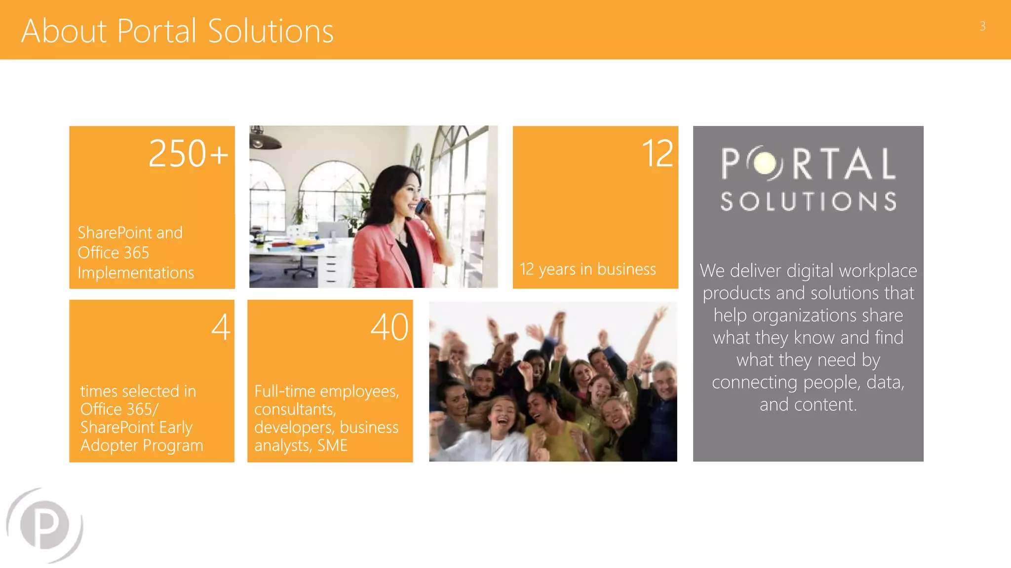 About Portal Solutions 3
We deliver digital workplace
products and solutions that
help organizations share
what they know and find
what they need by
connecting people, data,
and content.
 