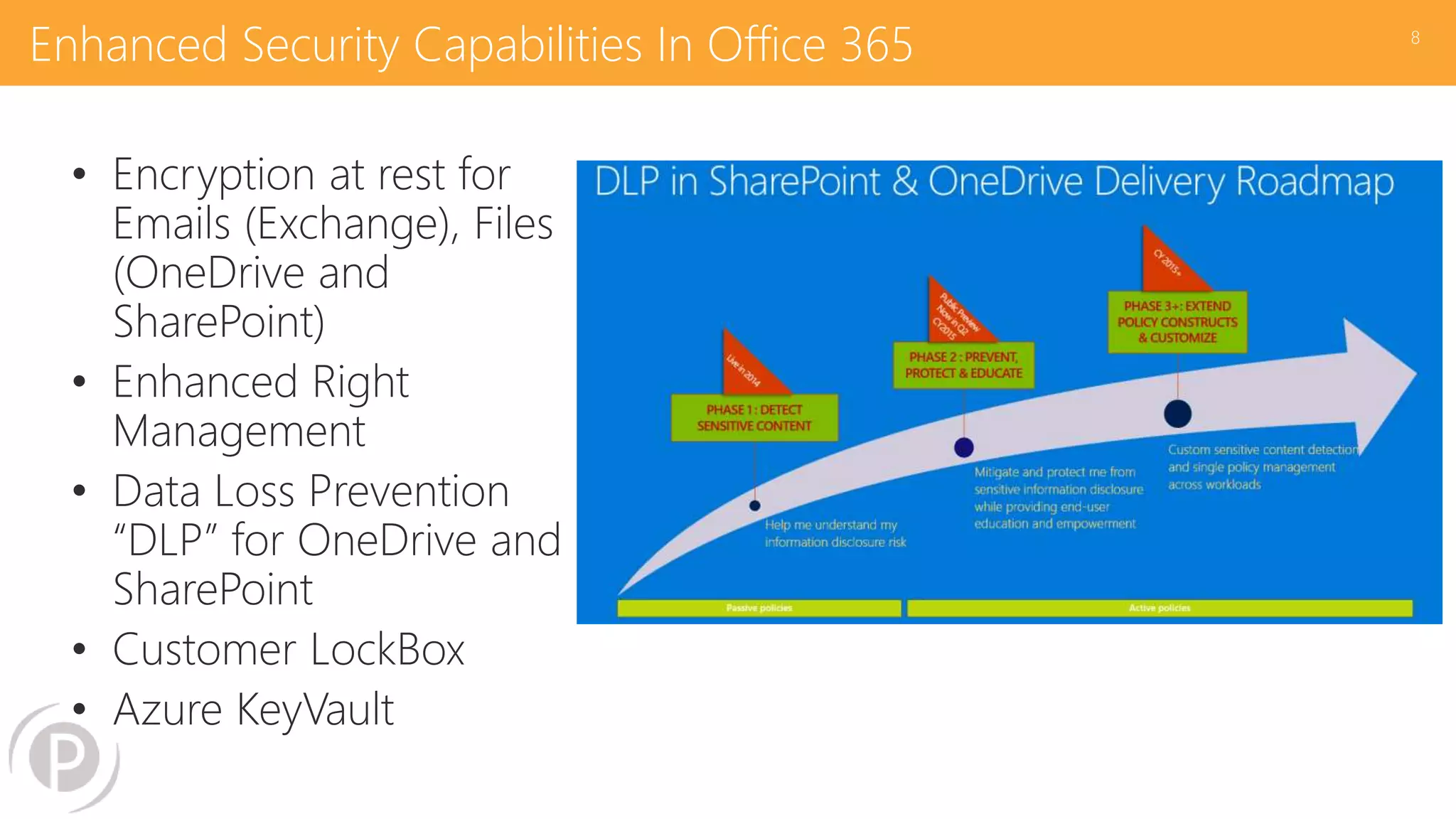 Enhanced Security Capabilities In Office 365
• Encryption at rest for
Emails (Exchange), Files
(OneDrive and
SharePoint)
• Enhanced Right
Management
• Data Loss Prevention
“DLP” for OneDrive and
SharePoint
• Customer LockBox
• Azure KeyVault
8
 